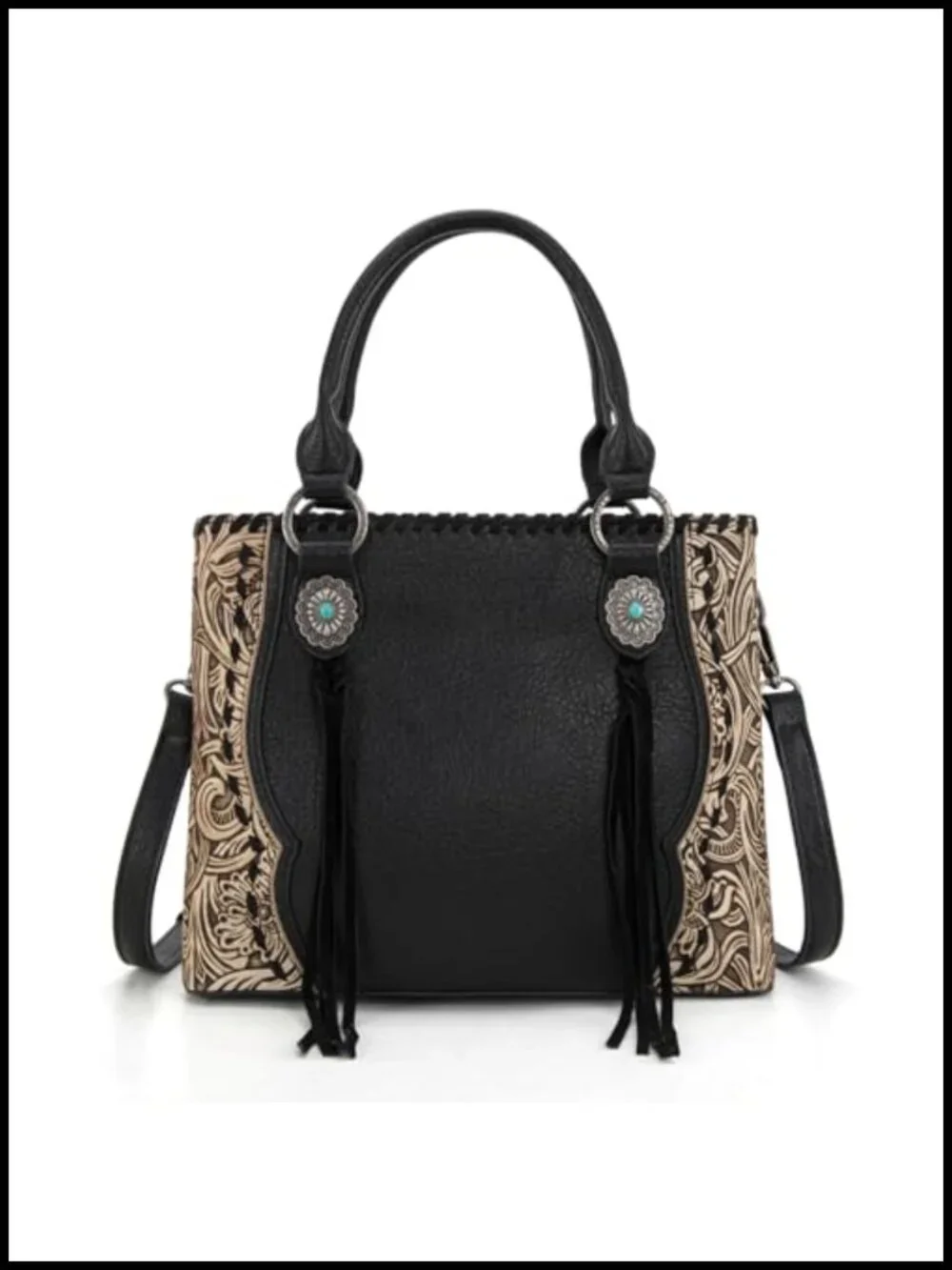 Vegan Leather Floral Tooled Concho Tote Bag with Detachable Strap and Tassels
